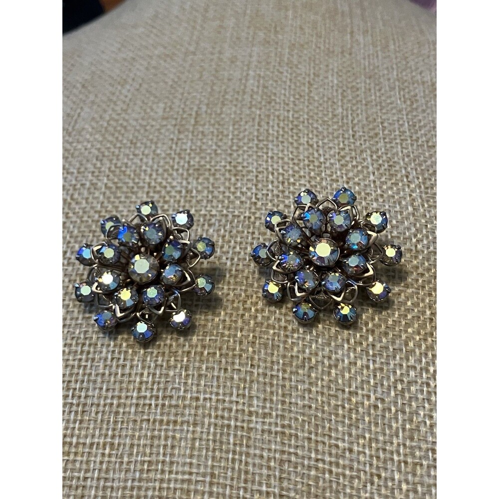 Vintage Clip On Earrings blue aurora borealis rhinestone cluster AB estate MCM